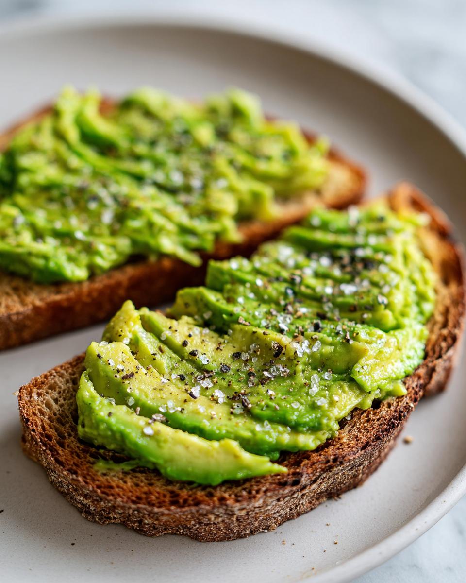 Close-up of two slices of perfect avocado toast topped with sliced avocado, coarse sea salt, and cracked black pepper.