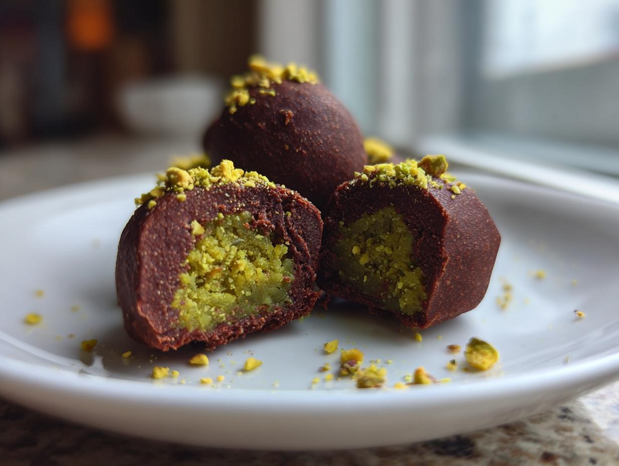 Close-up of dubai chocolate balls cut in half showing a bright green pistachio filling and dusted with crushed pistachios.