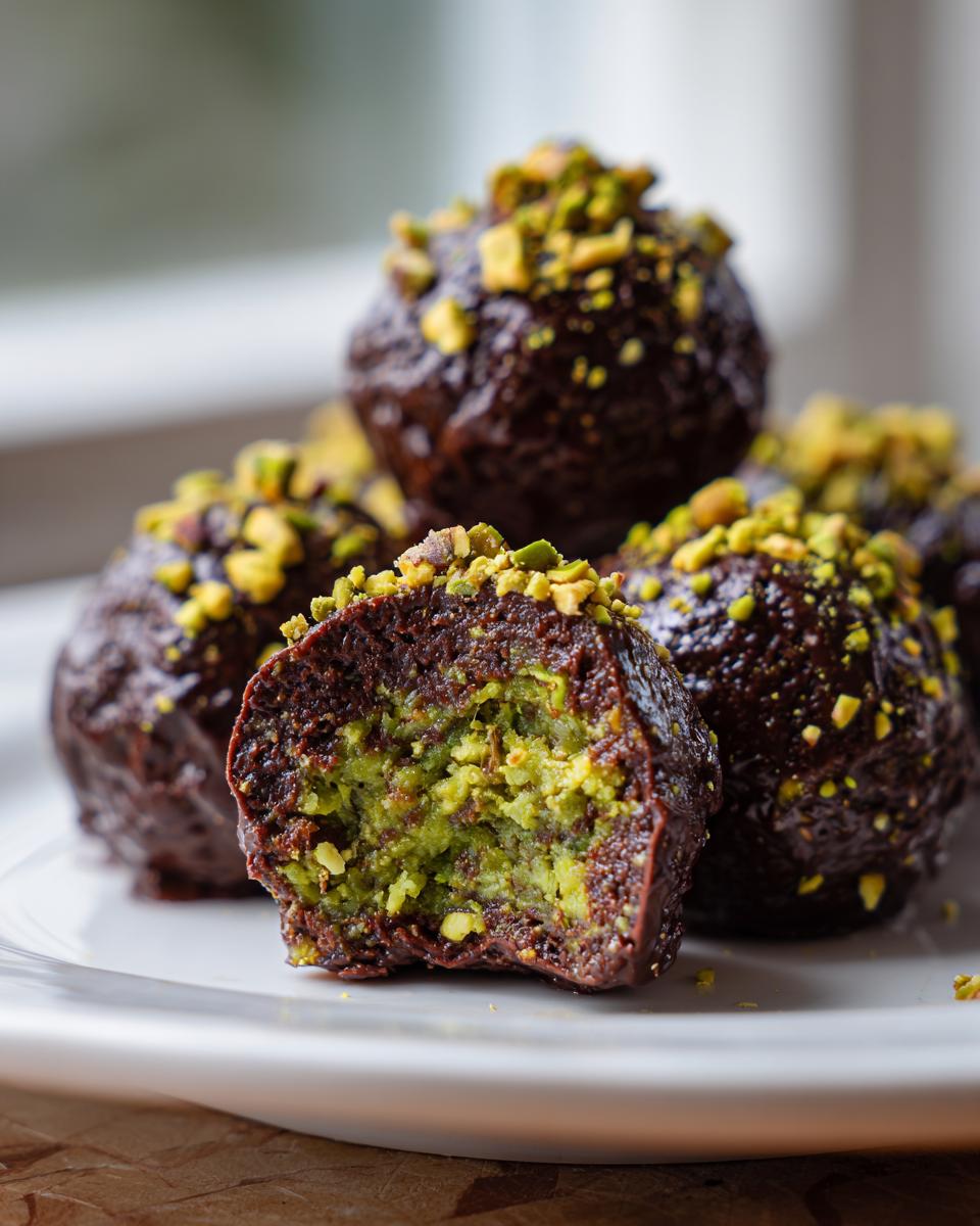Close-up of dubai chocolate balls, one bitten open revealing a bright green pistachio filling, coated in dark chocolate and topped with chopped pistachios.