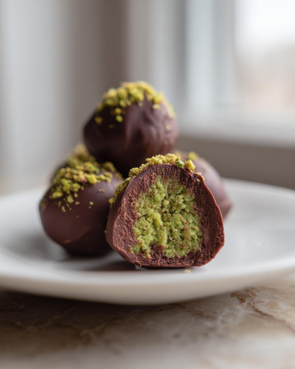 Close-up of dubai chocolate balls, one cut open showing a bright green pistachio filling coated in dark chocolate and topped with crushed nuts.