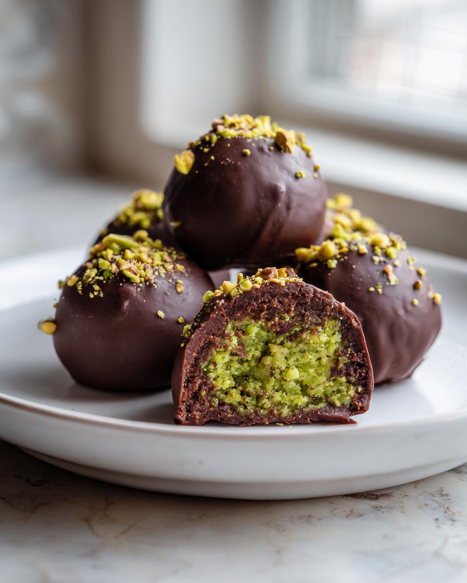Close-up of dubai chocolate balls dipped in dark chocolate, topped with pistachios, with one cut open showing a bright green pistachio center.