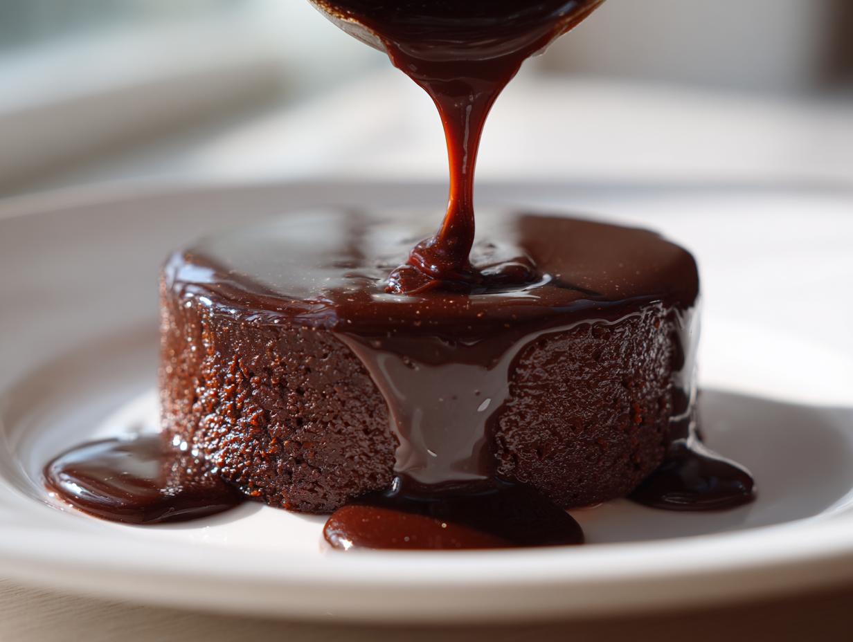 A rich, dark chocolate cake being generously topped with homemade chocolate syrup being poured from a spoon.