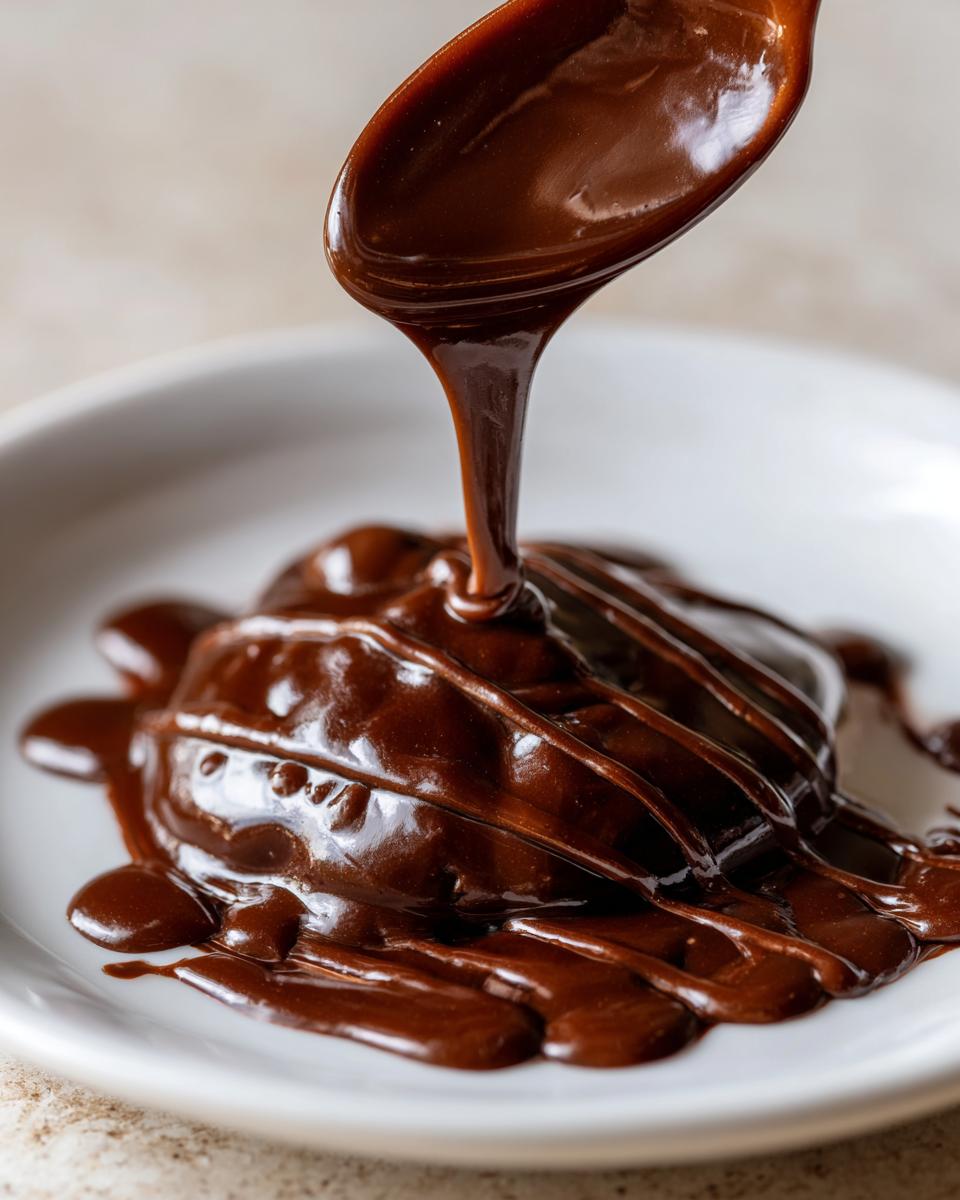 A close-up shot of thick, glossy chocolate syrup being poured from a spoon onto a dessert on a white plate.