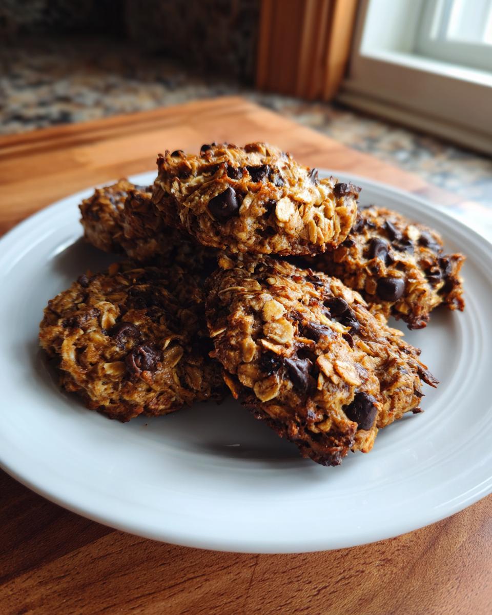 A small stack of freshly baked, hearty breakfast cookies loaded with oats and chocolate chips on a white plate.