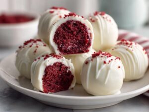 Close-up of several white chocolate-coated red velvet cake balls, one cut open to show the rich red interior.