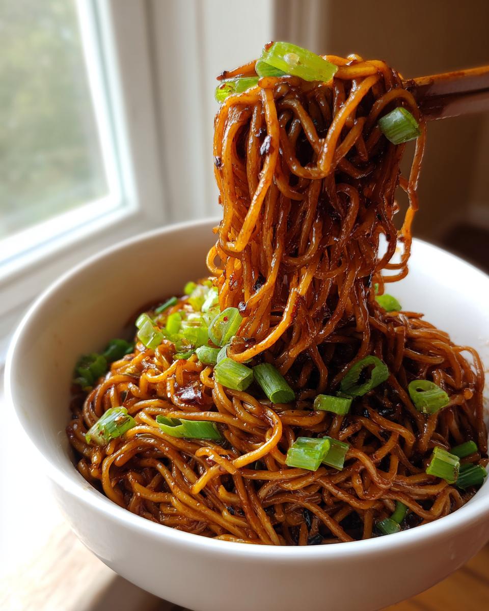 A close-up shot of glossy, dark brown garlic noodles being lifted from a white bowl with chopsticks, topped with fresh green onions.