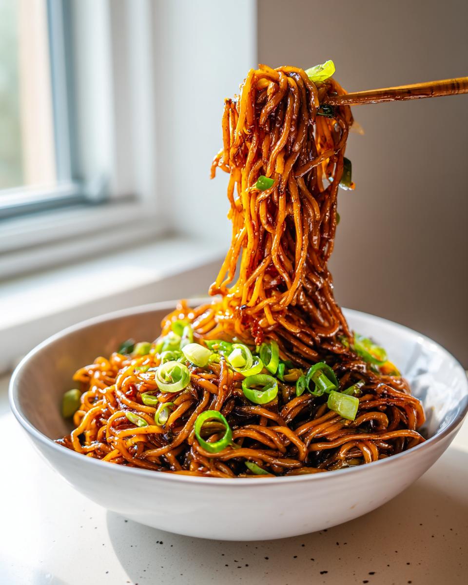 Chopsticks lifting a large portion of saucy garlic noodles from a white bowl, garnished with fresh green onions.
