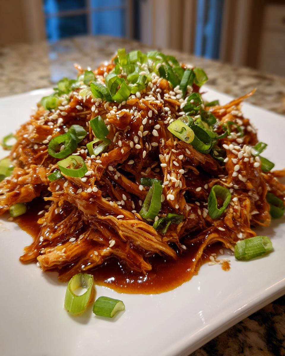 A mound of saucy, shredded crockpot teriyaki chicken topped with sesame seeds and sliced green onions.