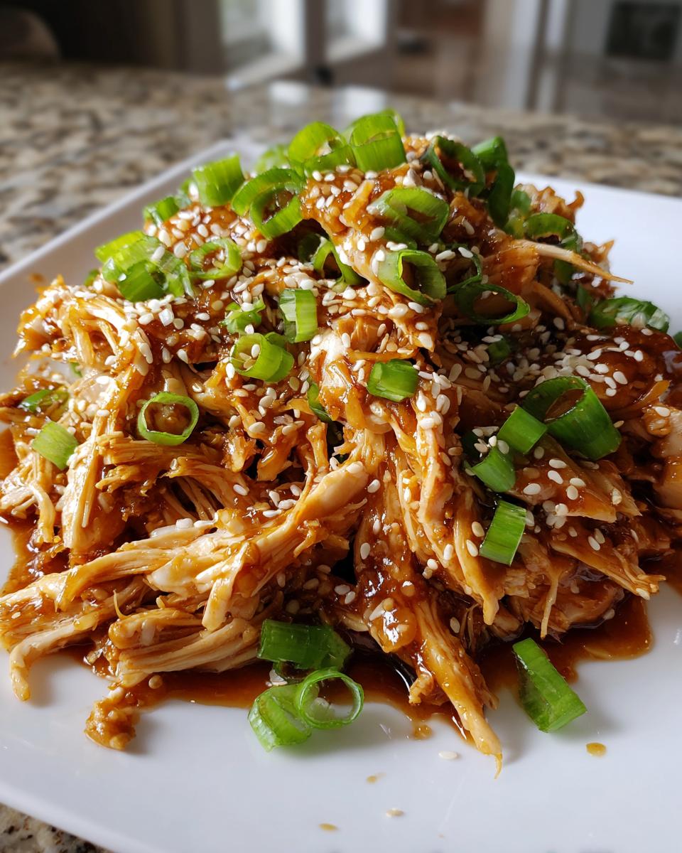 Close-up of shredded crockpot teriyaki chicken coated in sauce, topped with sesame seeds and chopped green onions.