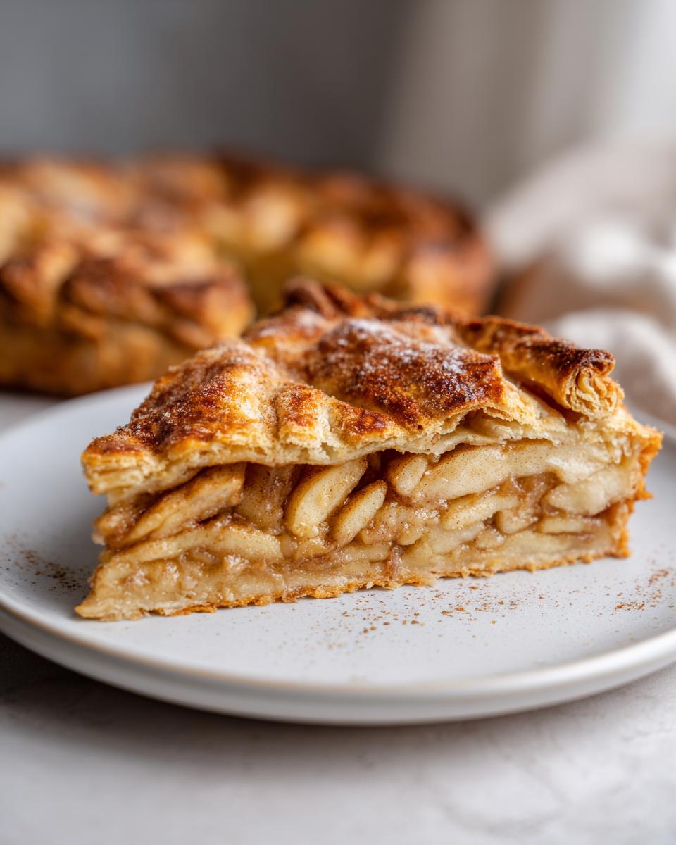 Close-up of a slice of amazing apple galette showing layers of spiced apple filling and flaky, golden crust.