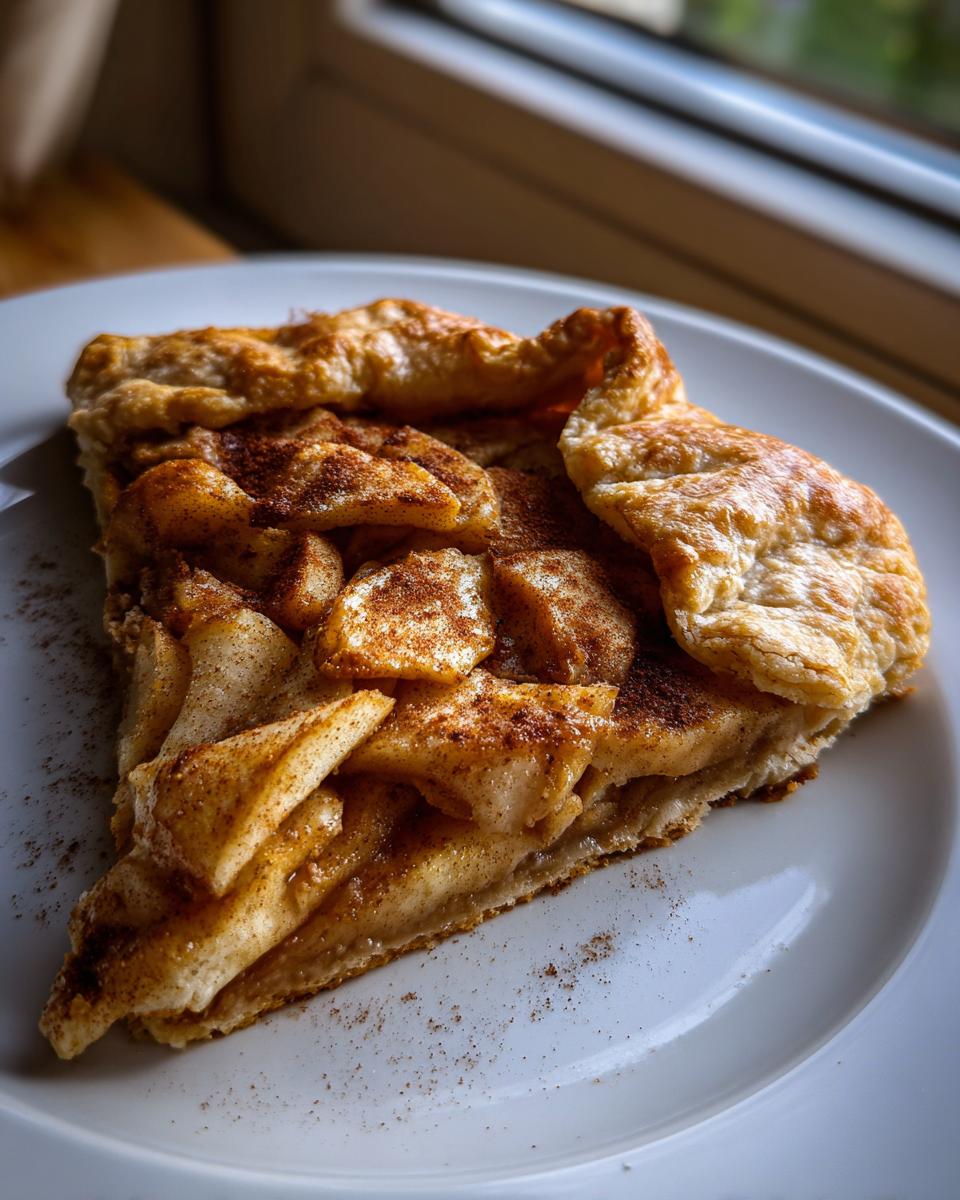 A close-up slice of homemade apple galette with flaky crust, topped generously with cinnamon.