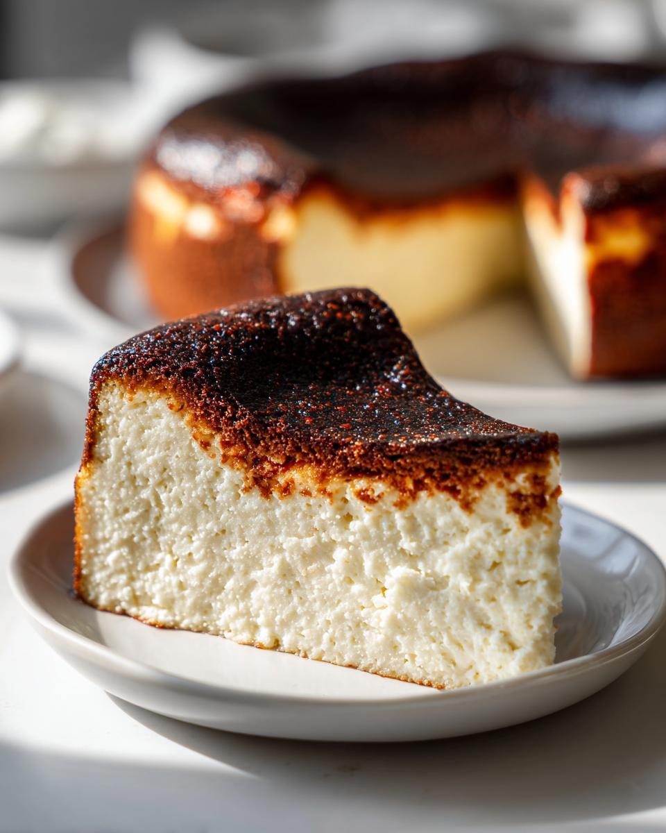A close-up slice of creamy Basque cheesecake featuring its signature dark, caramelized top crust.
