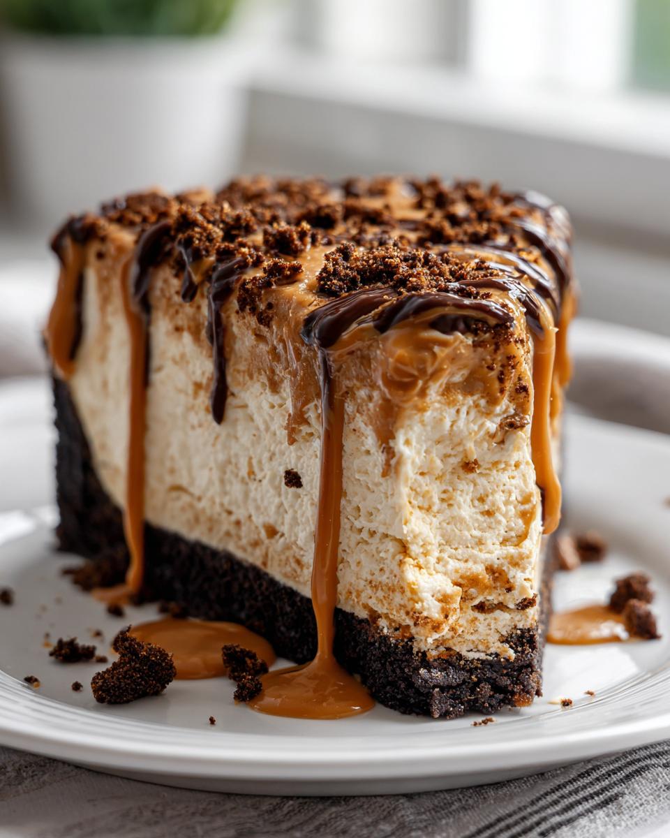 A tall slice of no-bake biscoff cheesecake with a dark crust, topped with caramel sauce, chocolate drizzle, and cookie crumbles.