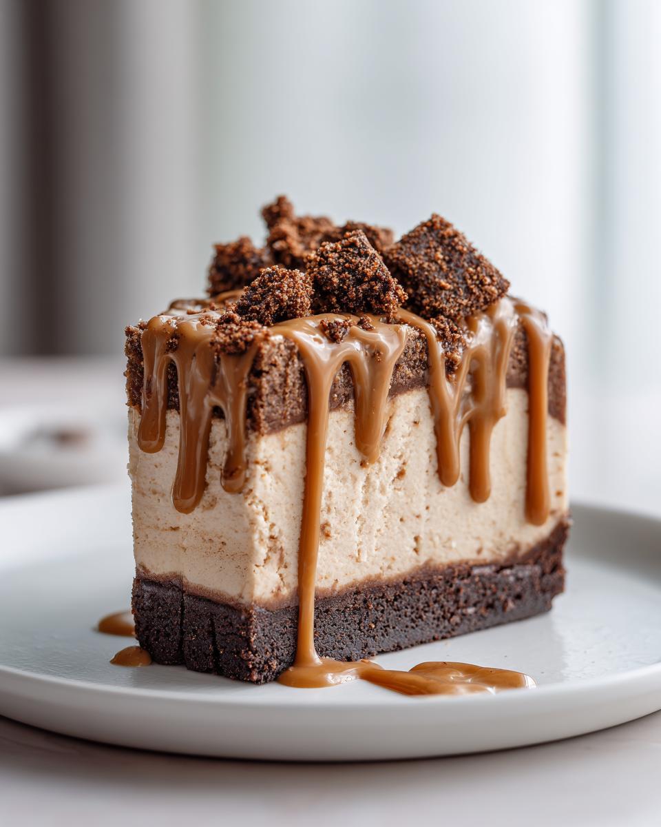 A tall slice of biscoff cheesecake featuring a dark crust, creamy filling, caramel drizzle, and crumbled topping.