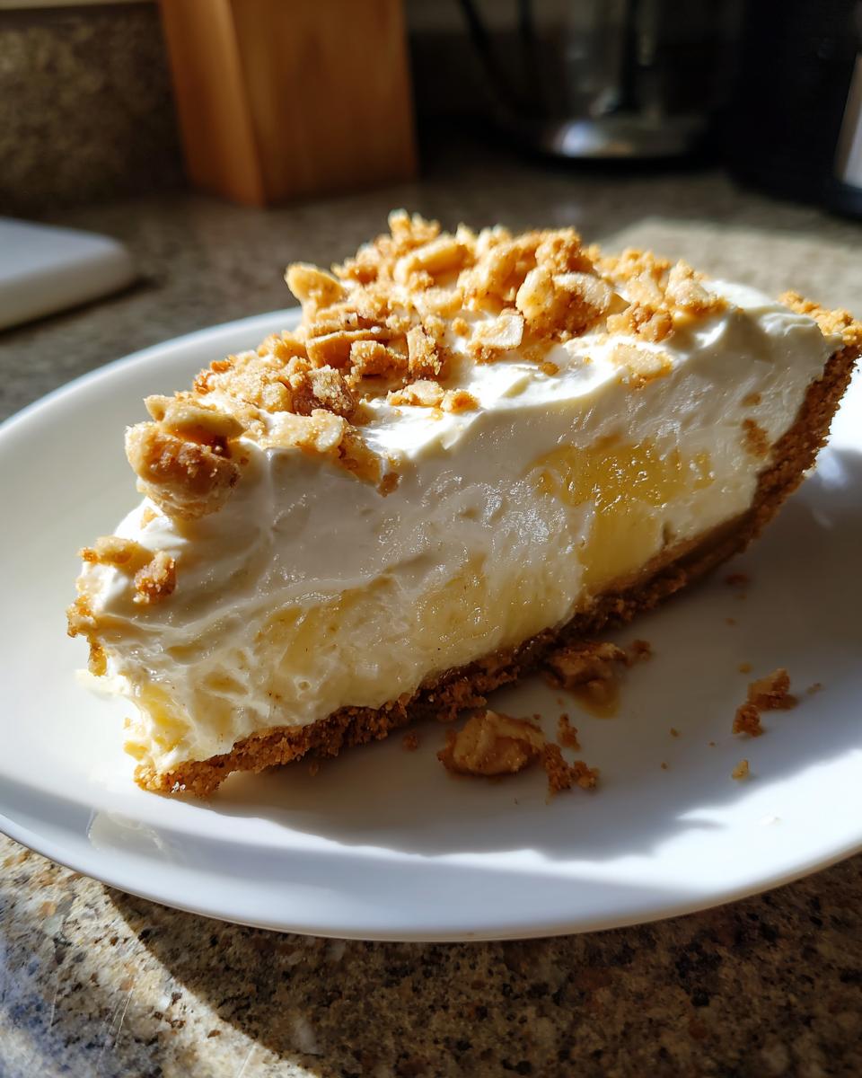 A close-up slice of creamy million dollar pie with a graham cracker crust and crunchy topping.