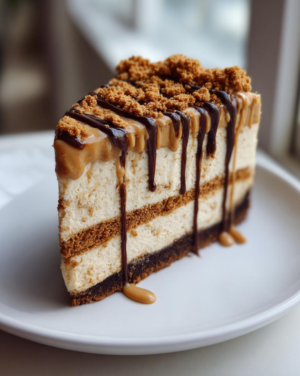 A tall slice of layered biscoff cheesecake topped with caramel drizzle, chocolate sauce, and cookie crumbles.