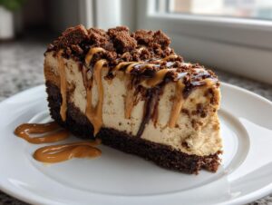 A rich slice of biscoff cheesecake with a dark crust, topped with crumbs and drizzled with caramel and chocolate sauce.
