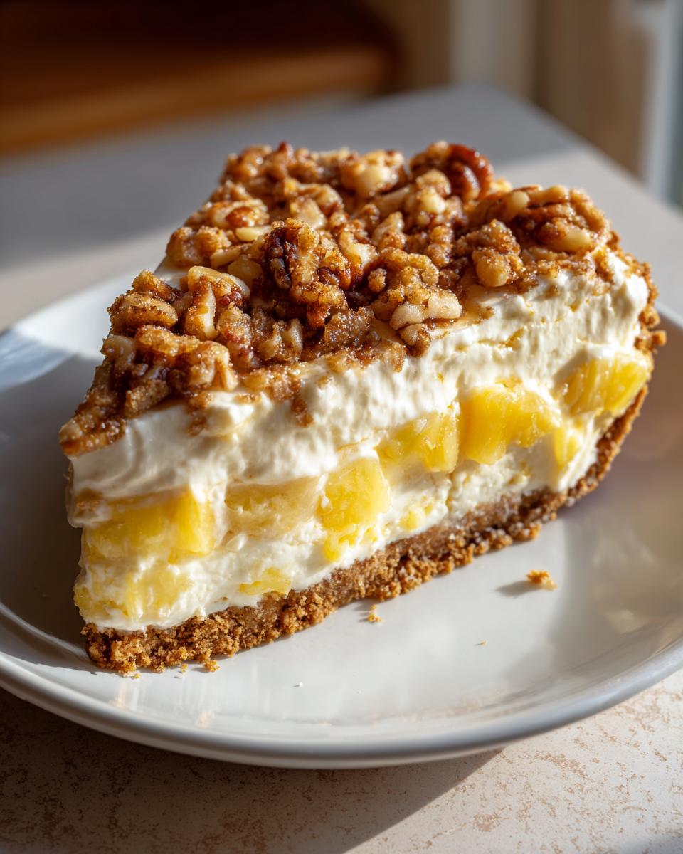 A close-up slice of million dollar pie featuring a graham cracker crust, creamy filling with pineapple chunks, and a crunchy pecan topping.