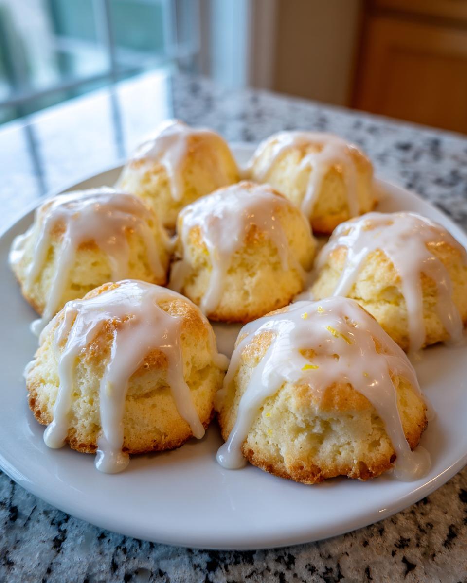 Close-up of soft italian ricotta cookies drizzled with white lemon glaze on a white plate.