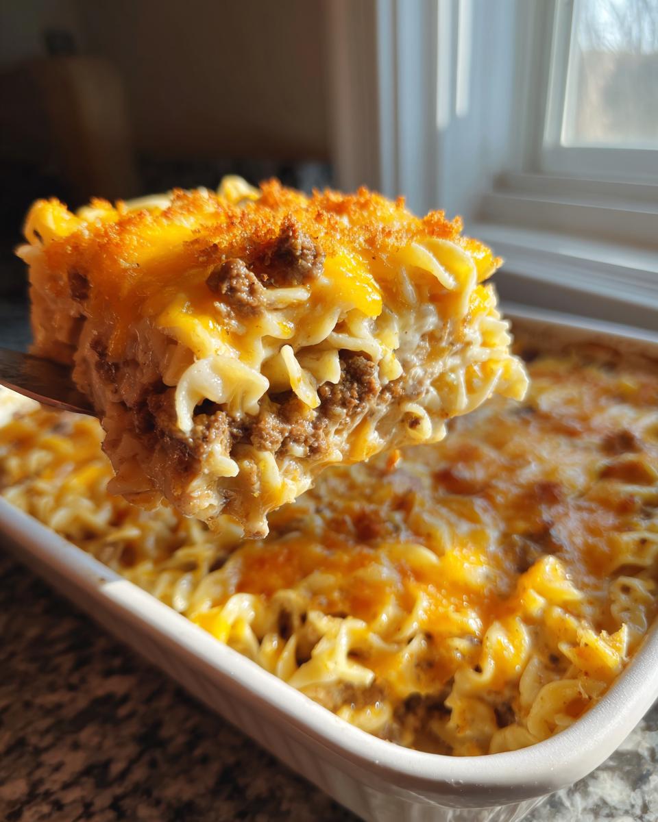 A serving of cheesy sour cream beef noodle casserole being lifted from a white baking dish.