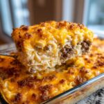 A serving spoon lifts a generous portion of creamy sour cream beef noodle casserole topped with melted cheddar and browned crumbs.