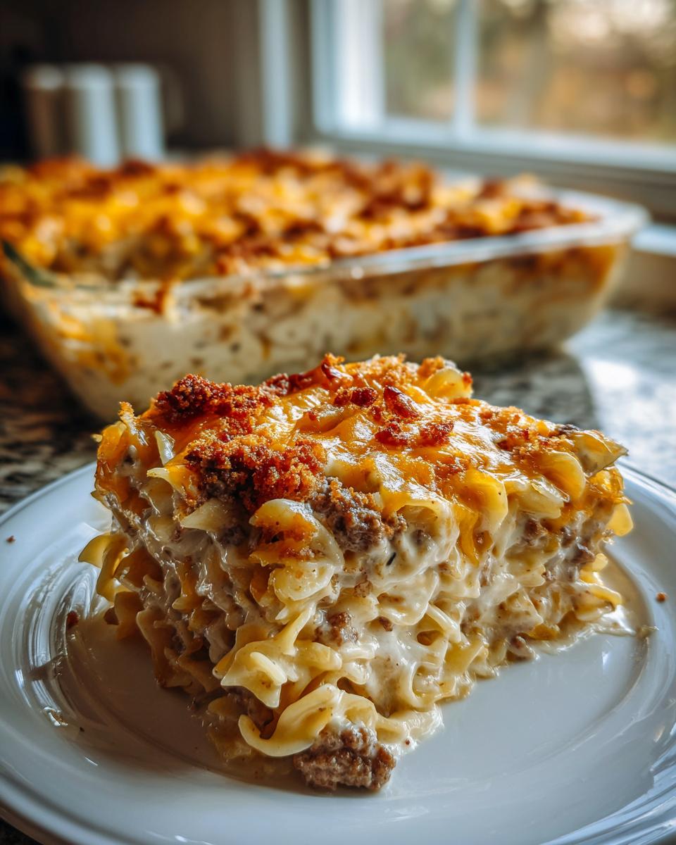 A generous slice of creamy sour cream beef noodle casserole topped with melted cheese and breadcrumbs.