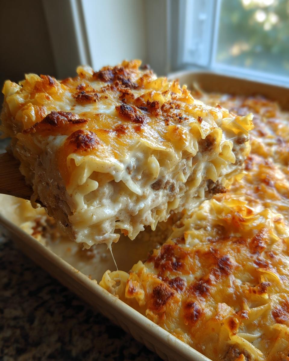 A serving spoon lifts a cheesy, creamy slice of sour cream beef noodle casserole from the baking dish.