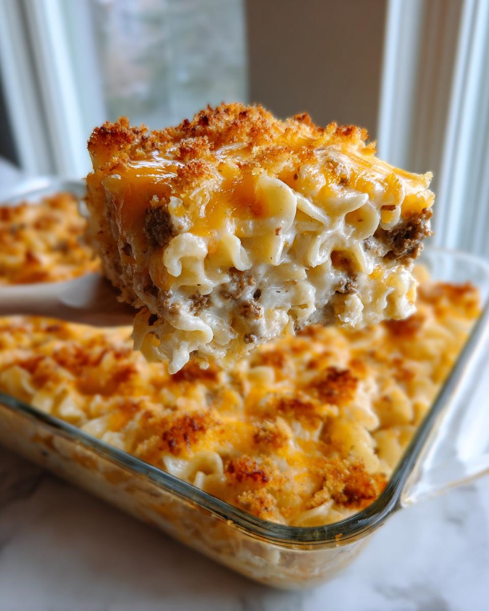 A lifted slice showing the creamy interior of the sour cream beef noodle casserole topped with melted cheese and breadcrumbs.