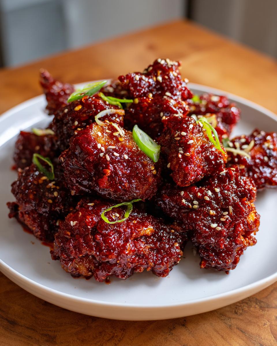 A plate piled high with sticky, dark red Korean fried chicken pieces garnished with sesame seeds and scallions.