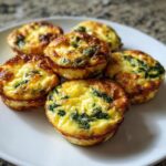 Close-up of six golden brown, baked egg bites with visible spinach pieces, served on a white plate.