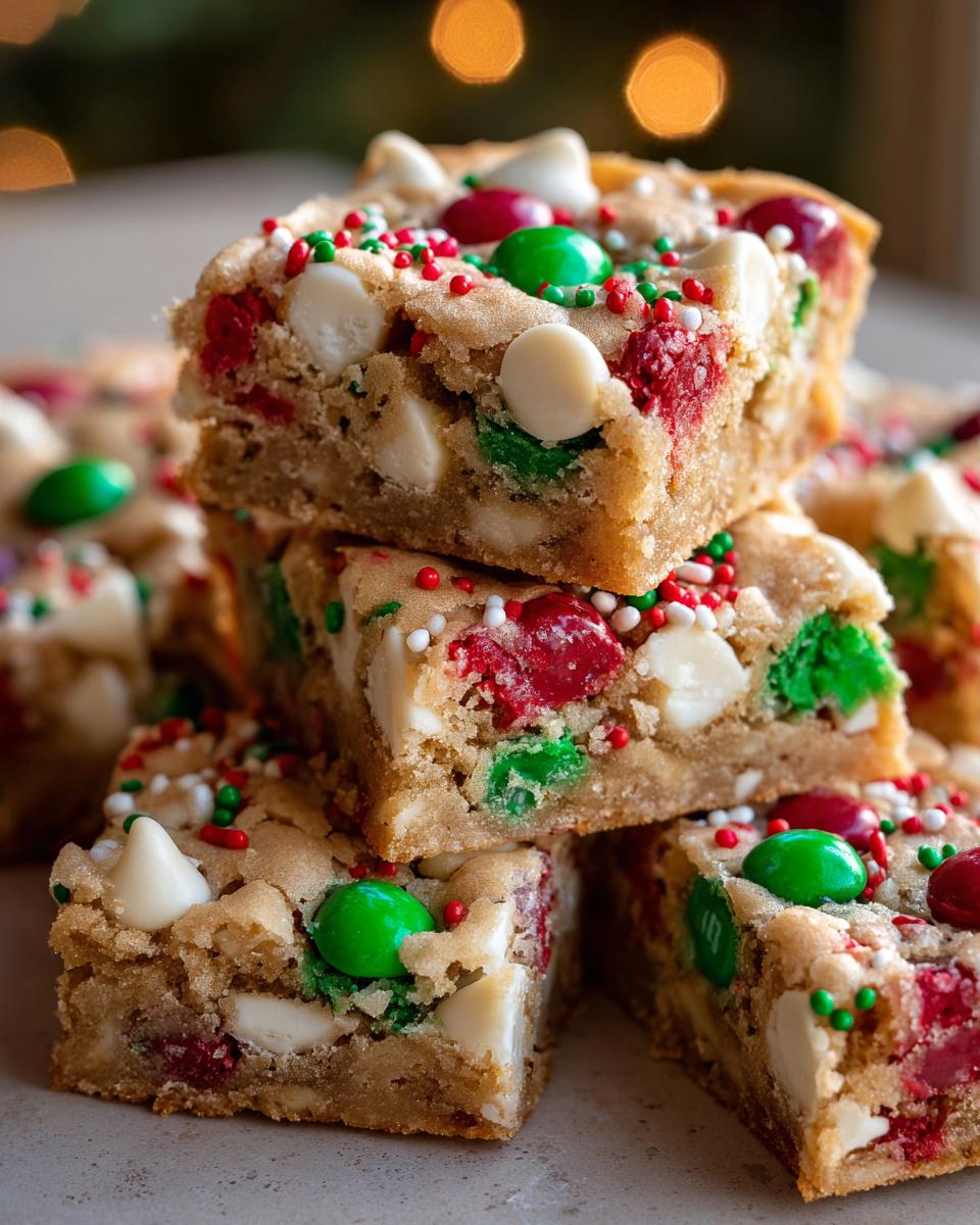 A stack of rich, chewy christmas cookie bars loaded with white chocolate chips and red and green candies.