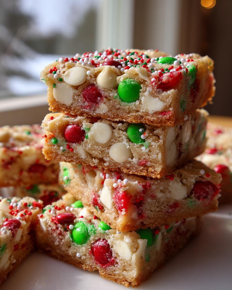 A stack of three chewy christmas cookie bars loaded with white chocolate chips and red and green M&Ms.