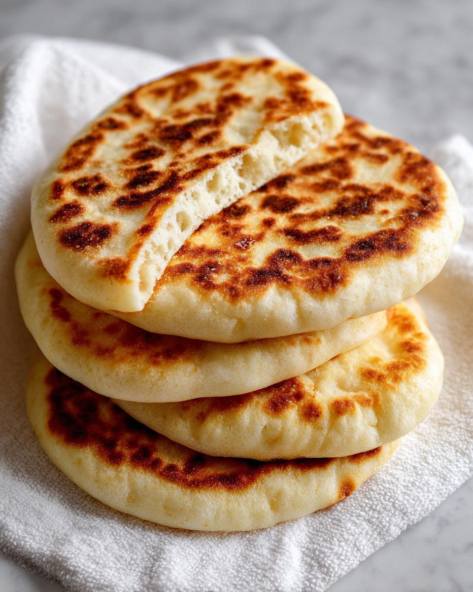 A stack of four golden-brown homemade pita bread rounds, with the top one broken to show the fluffy interior.