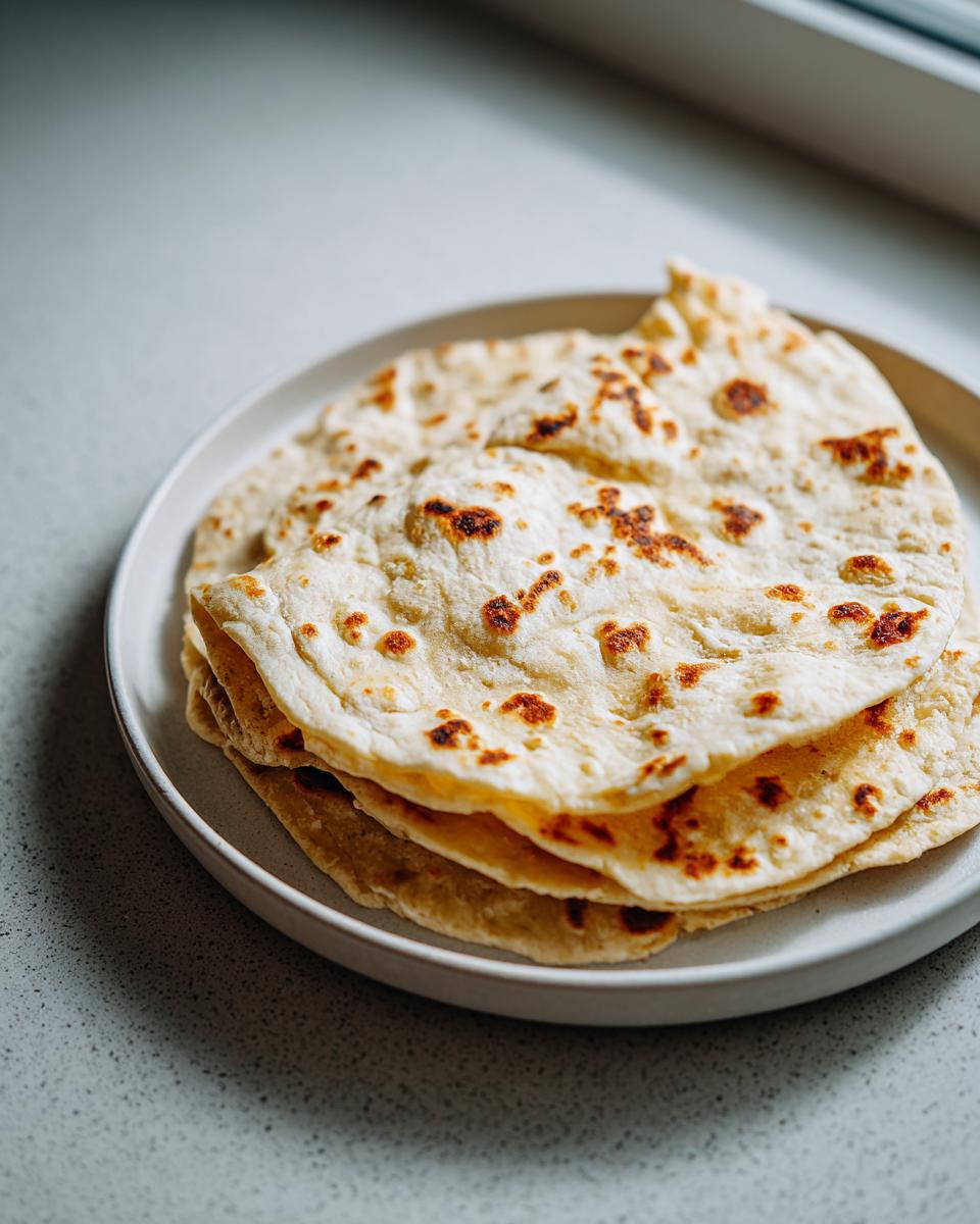 A stack of freshly cooked, slightly charred 3-ingredient corn tortillas resting on a light gray plate.