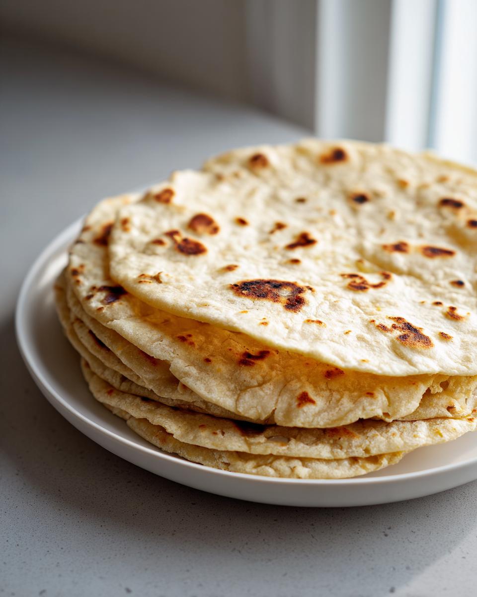 A stack of freshly cooked, slightly charred corn tortillas resting on a white plate.
