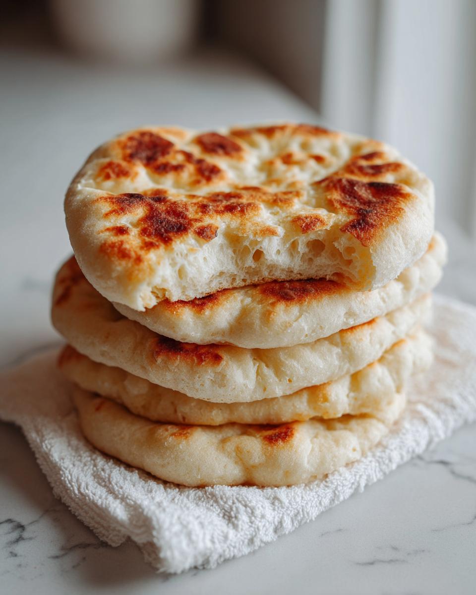 A stack of four freshly cooked, fluffy pita bread rounds resting on a white cloth, with a bite taken out of the top pita bread.