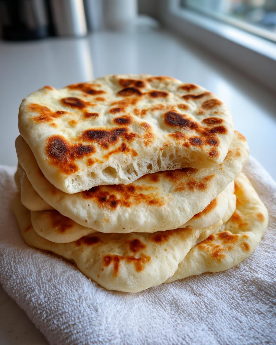 A stack of four homemade pita bread rounds with golden-brown charred spots resting on a white cloth.