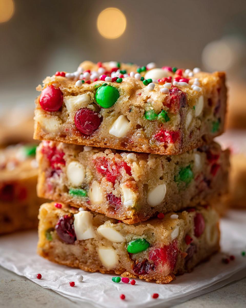 Three stacked squares of chewy christmas cookie bars loaded with white chocolate chips and red/green candies.