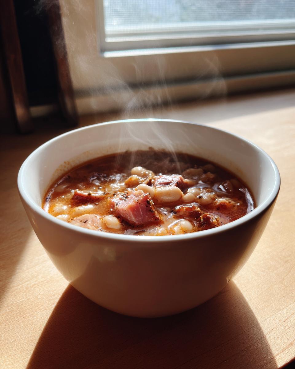 A steaming white bowl filled with hearty bean soup containing white beans and chunks of ham, set near a window.