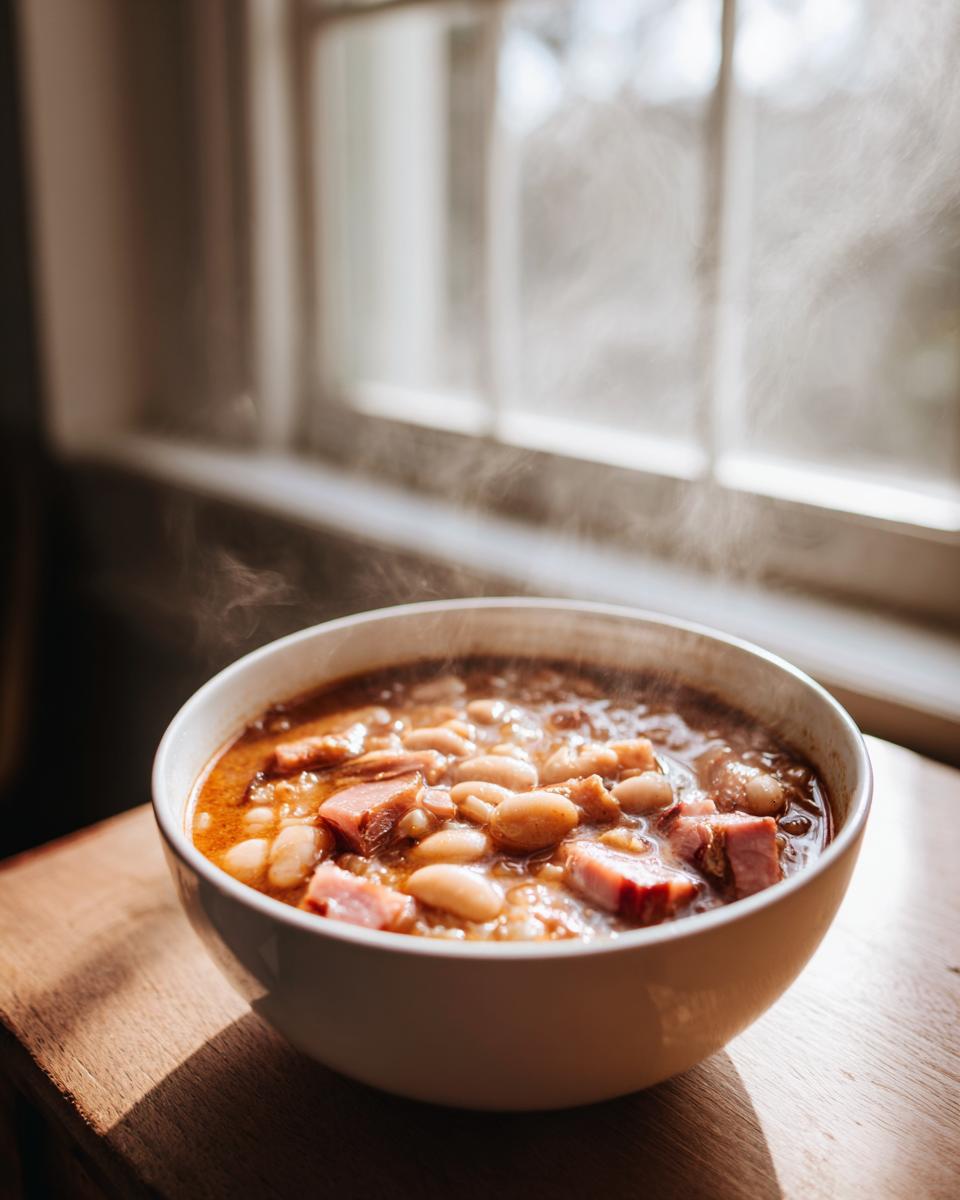 A steaming white bowl filled with hearty bean soup containing white beans and chunks of ham, set near a window.