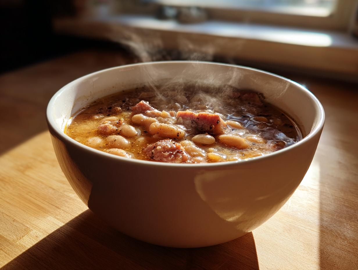 Close-up of a steaming white bowl filled with hearty bean soup featuring white beans and chunks of ham on a sunlit wooden surface.