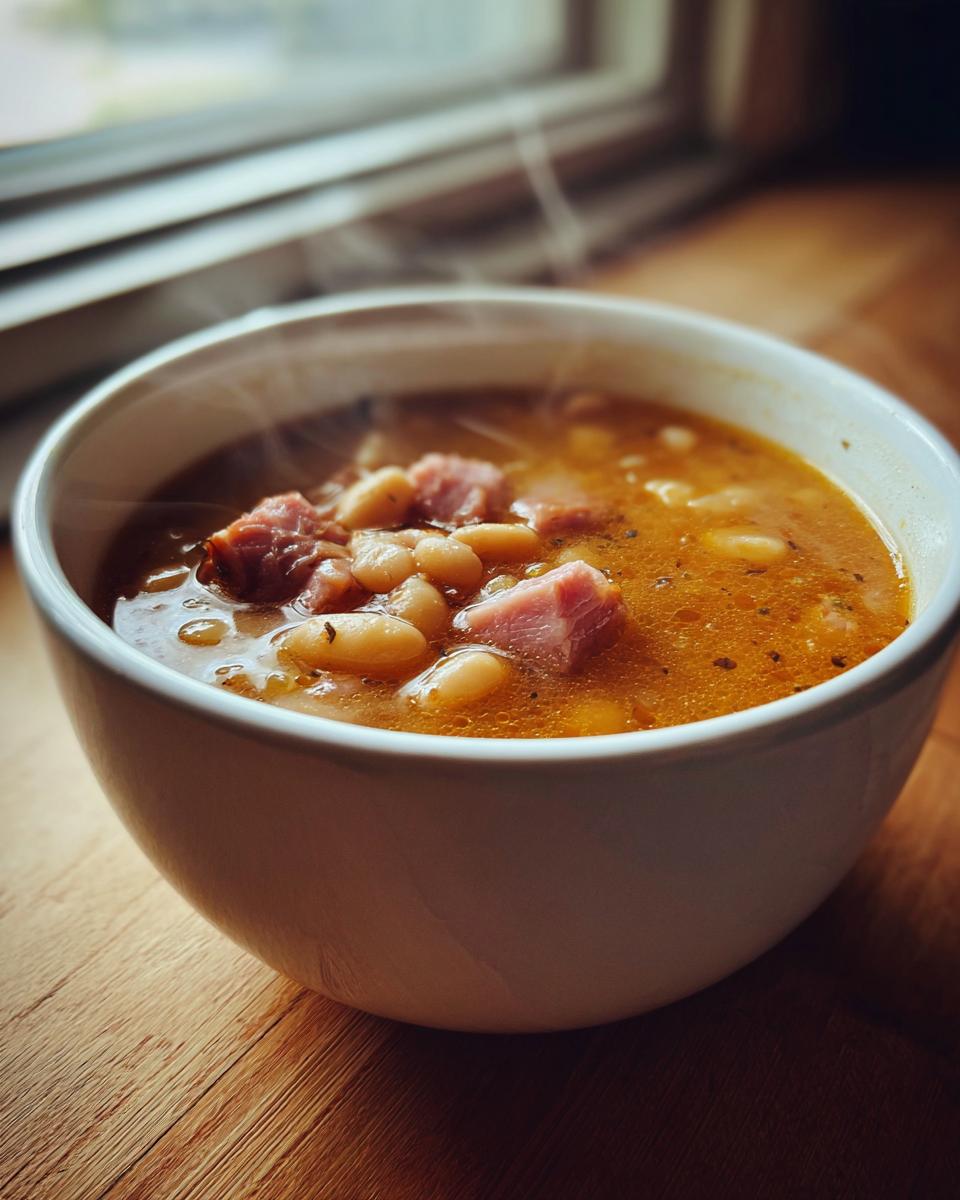 Close-up of a steaming white bowl filled with hearty bean soup featuring white beans and chunks of ham.