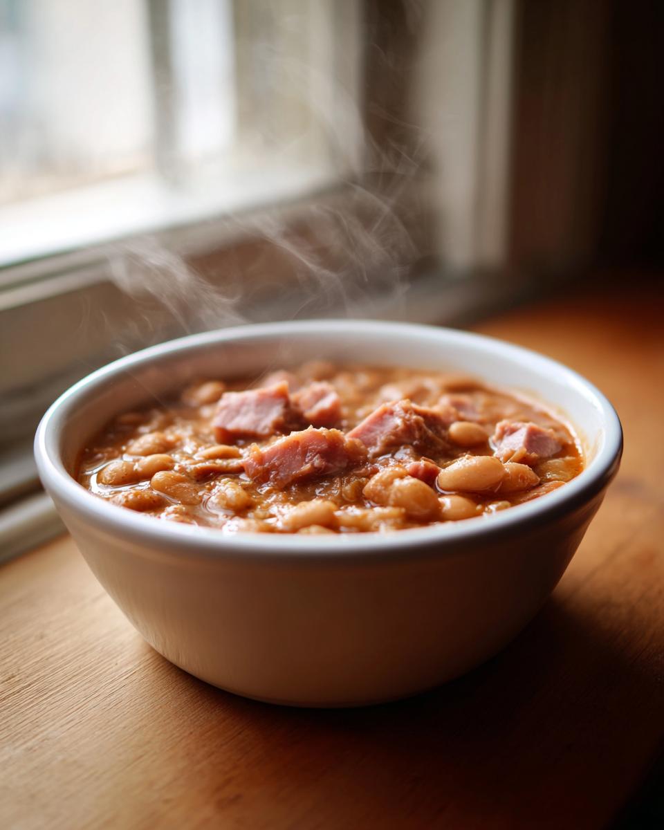 A steaming white bowl filled with hearty ham and bean soup sits on a wooden surface near a window.