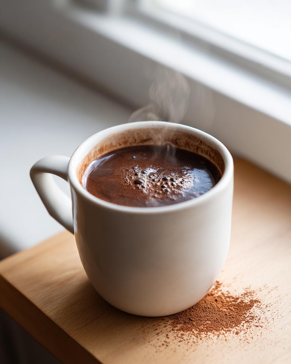 A steaming white mug filled with rich, dark hot cocoa mix sits on a wooden surface with spilled cocoa powder.