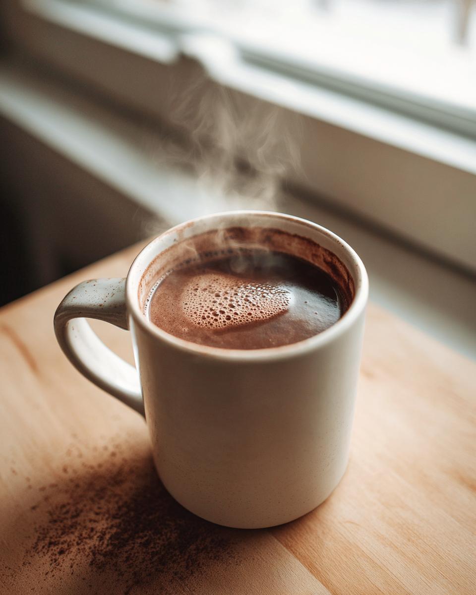 A steaming white mug filled with rich, dark hot cocoa mix, sitting on a wooden surface.