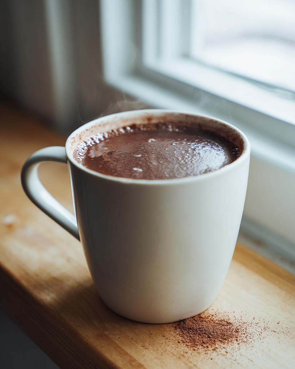 A steaming white mug filled with rich, dark hot cocoa mix resting on a wooden sill near a window.