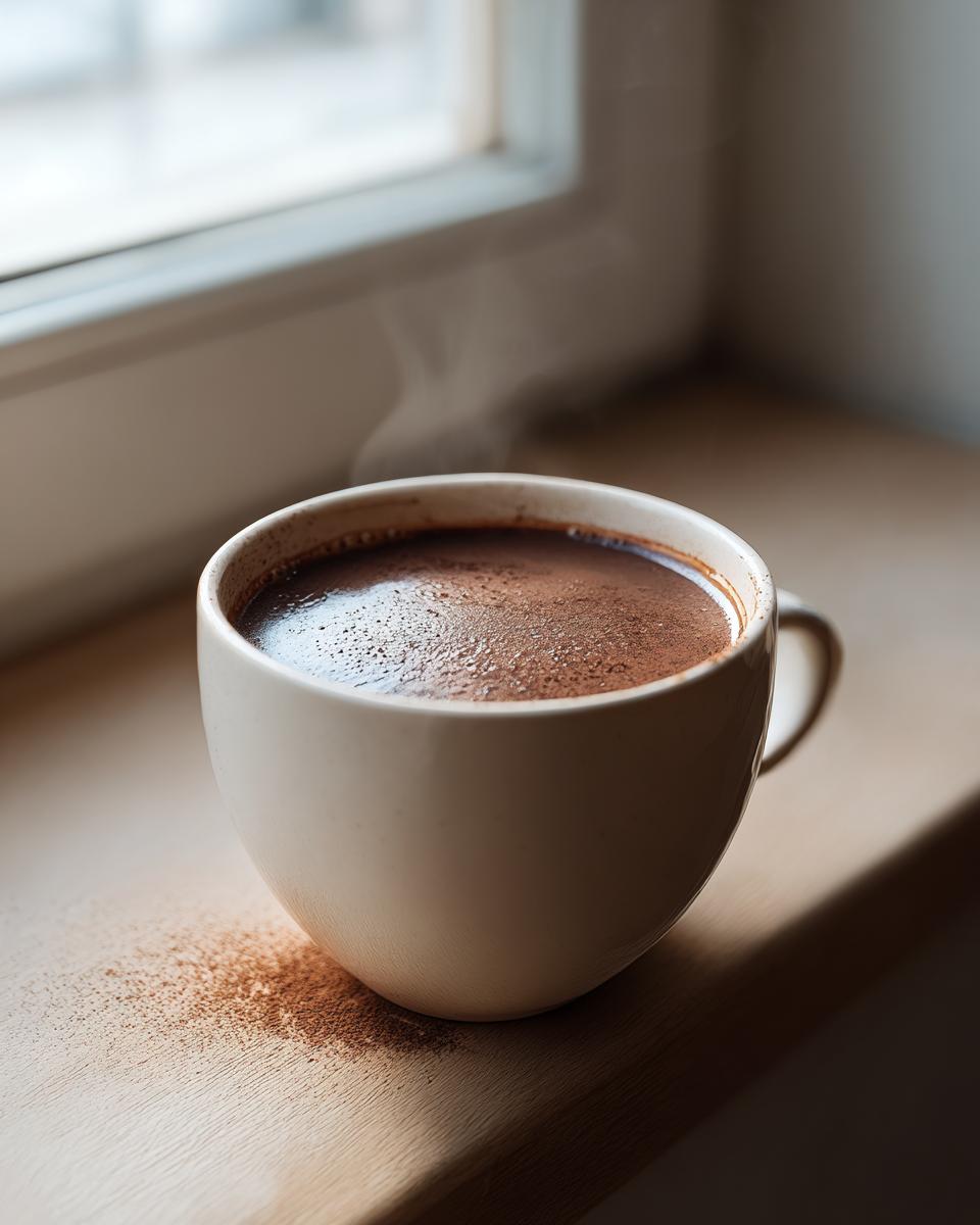 A steaming mug filled with rich, dark hot cocoa mix resting on a wooden windowsill.