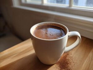 A white mug filled with steaming hot cocoa mix sits on a wooden surface near a window.