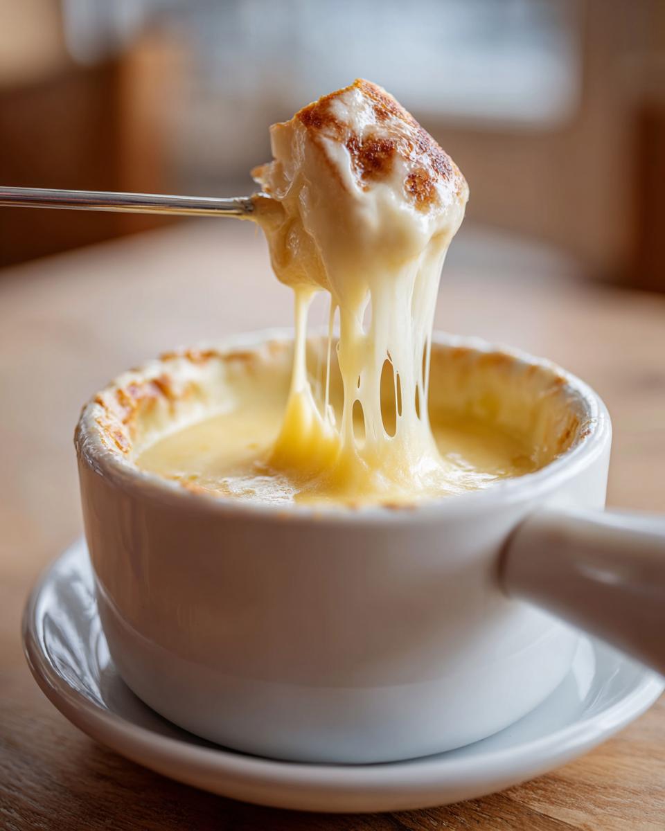 A piece of toasted bread is lifted from a bowl of creamy cheese fondue recipe, showing long, irresistible cheese pulls.