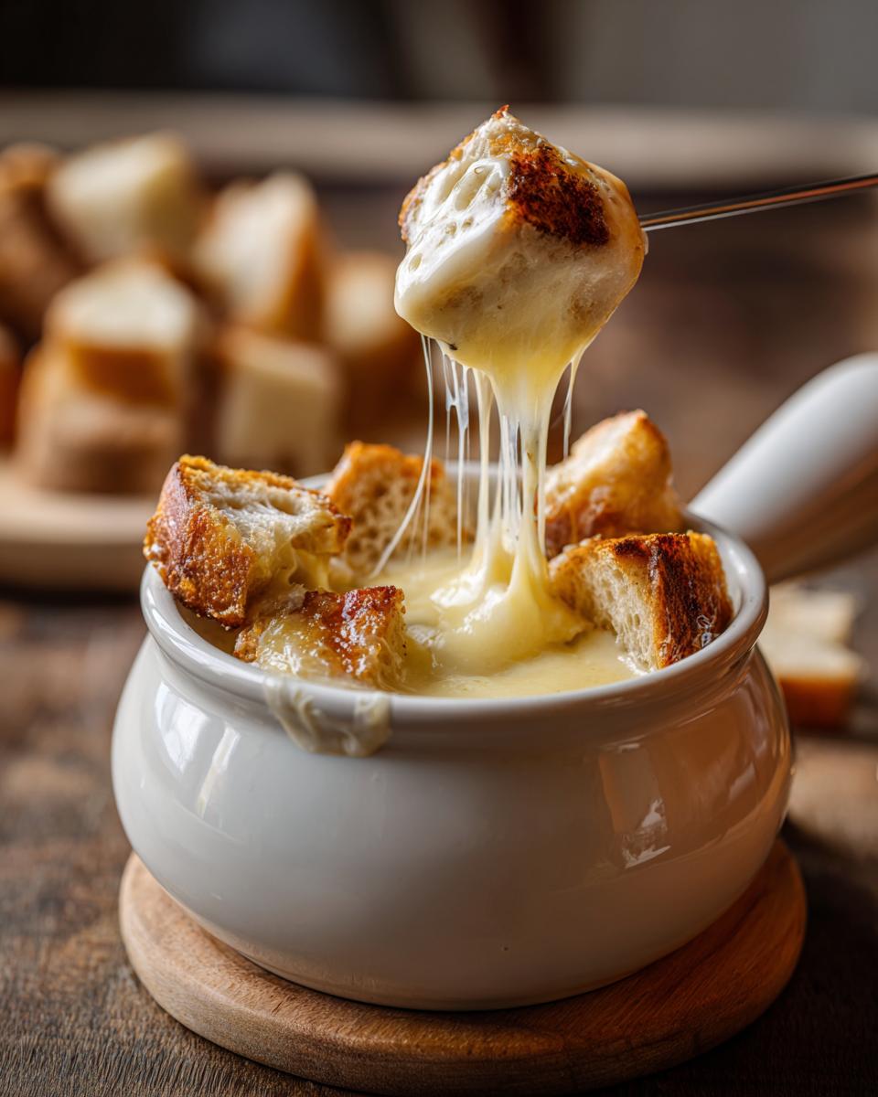 A piece of toasted bread is lifted from a pot of creamy cheese fondue recipe, showing long, gooey cheese pulls.